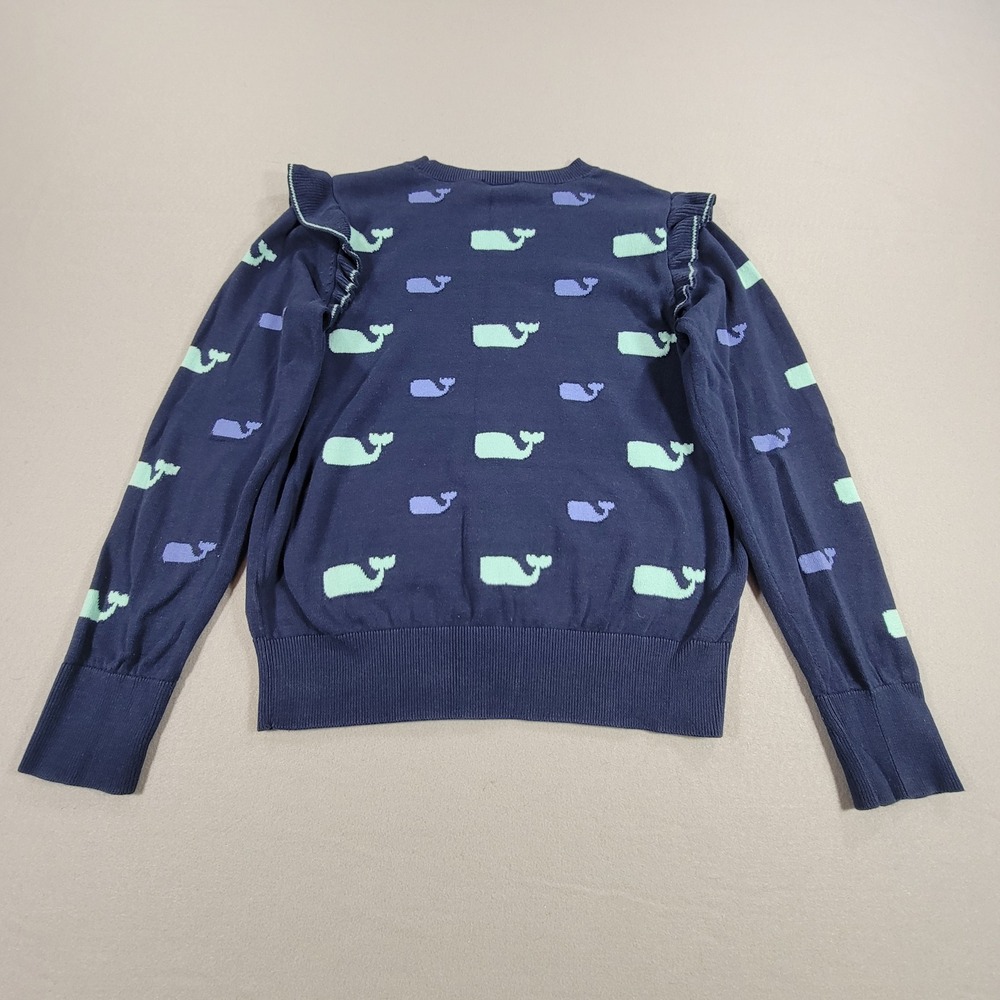 Vineyard Vines Sweater Whale Print Ruffle Shoulder Navy Preppy Women's Medium - Picture 9 of 9